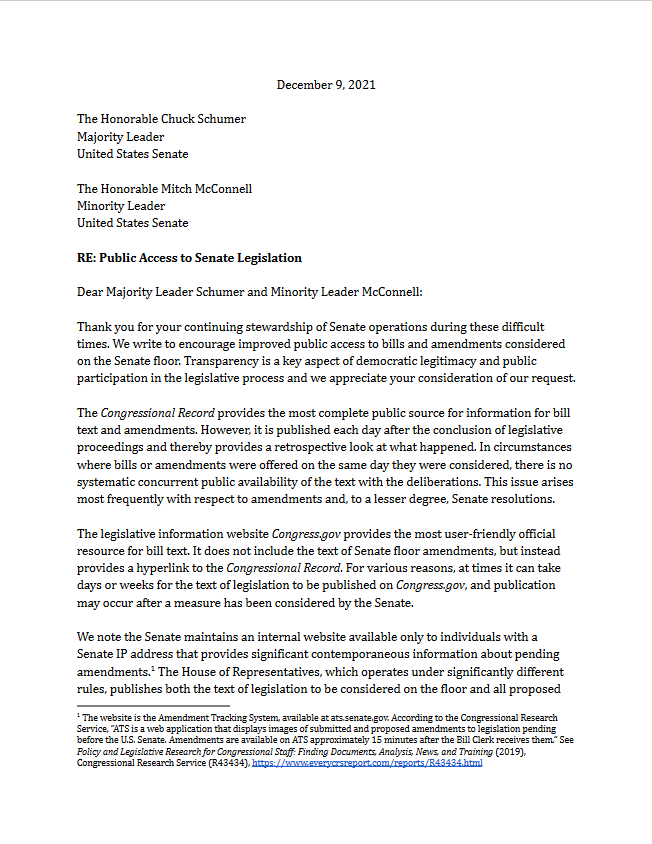 First page of coalition letter on public access to senate legislation. Click the image to get to the letter itself.